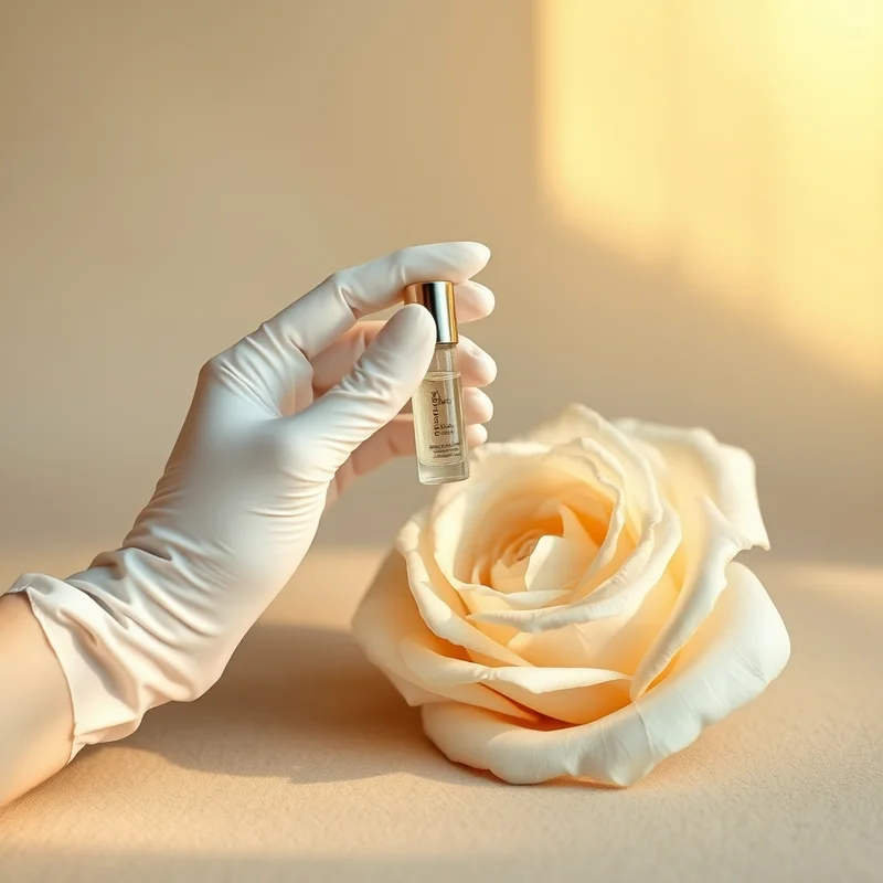 Luva branca segurando ampola de gel ao lado de uma rosa creme