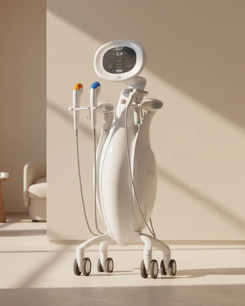 Aparelho Ultraformer MPT de ultrassom micro e macrofocado em ambiente de clínica com luz dourada